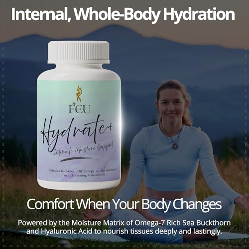 FEU Hydrate Plus – Women’s Intimate Moisture & Skin Hydration Support – Sea Buckthorn Oil (Omega-7), Evening Primrose Oil, Hyaluronic Acid, Sea Moss & Vitamin E – 120 Vegan Capsules (40 Servings)